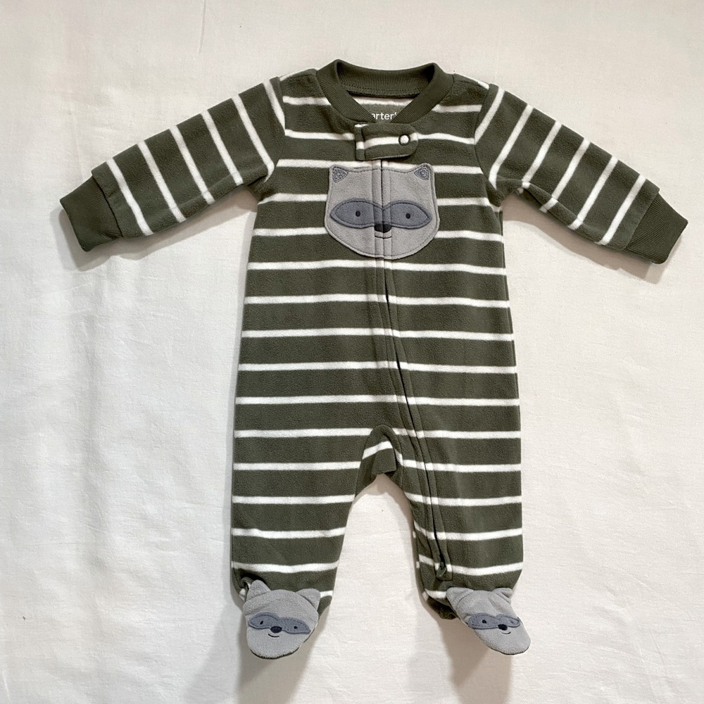 Carter - Just One You - newborn, green stripe zipper with raccoon on feet.